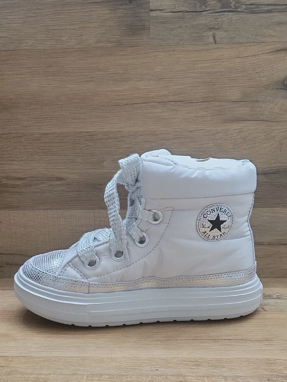 Converse White High-Top Kids Sneakers with Silver Accents